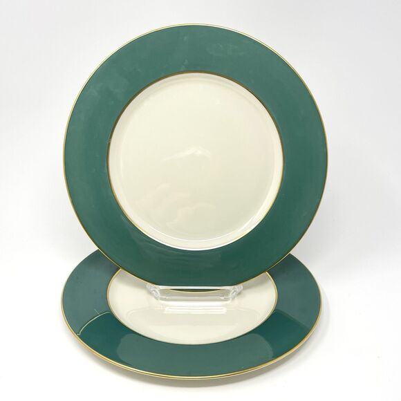 Vintage Lenox Green Gold Rim X305-262 DINNER PLATES 10.25” Set Of 2 Made In USA - Picture 1 of 5